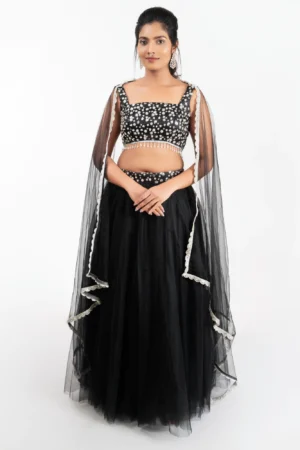 Midnight Black Floral Net Lehenga – Pearl Accented Designer Ensemble