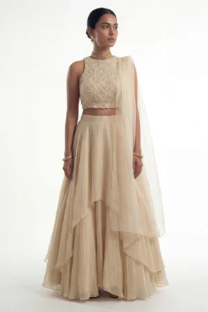 Ivory Geometric Textured Indo-Western Set – High-Neck Bodice & Layered Circular Skirt