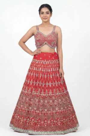 Crimson Bloom Bridal Lehenga – Hand-Embroidered Zardosi & Sequin Ensemble