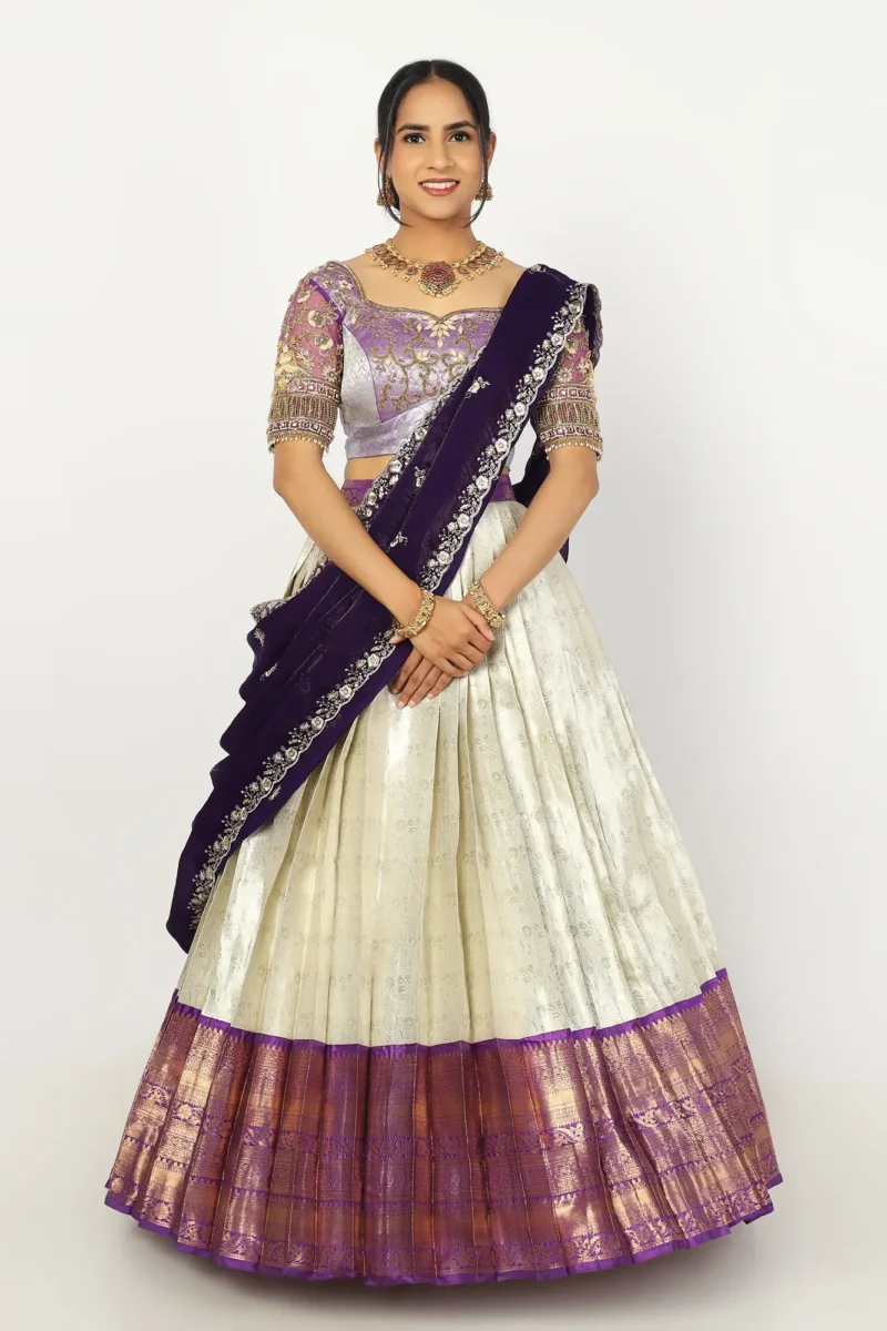 Cream and purple half saree