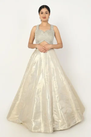 Champagne Gold Sculpted Fusion Set – Pleated Chevron Bodice & High-Shine A-Line Skirt