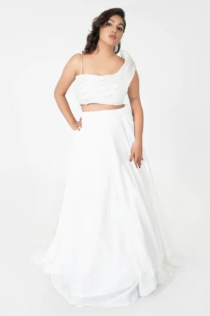 Ivory Sculpted One-Shoulder Fusion Set – Pleated Architectural Bodice & Classic Flared Skirt