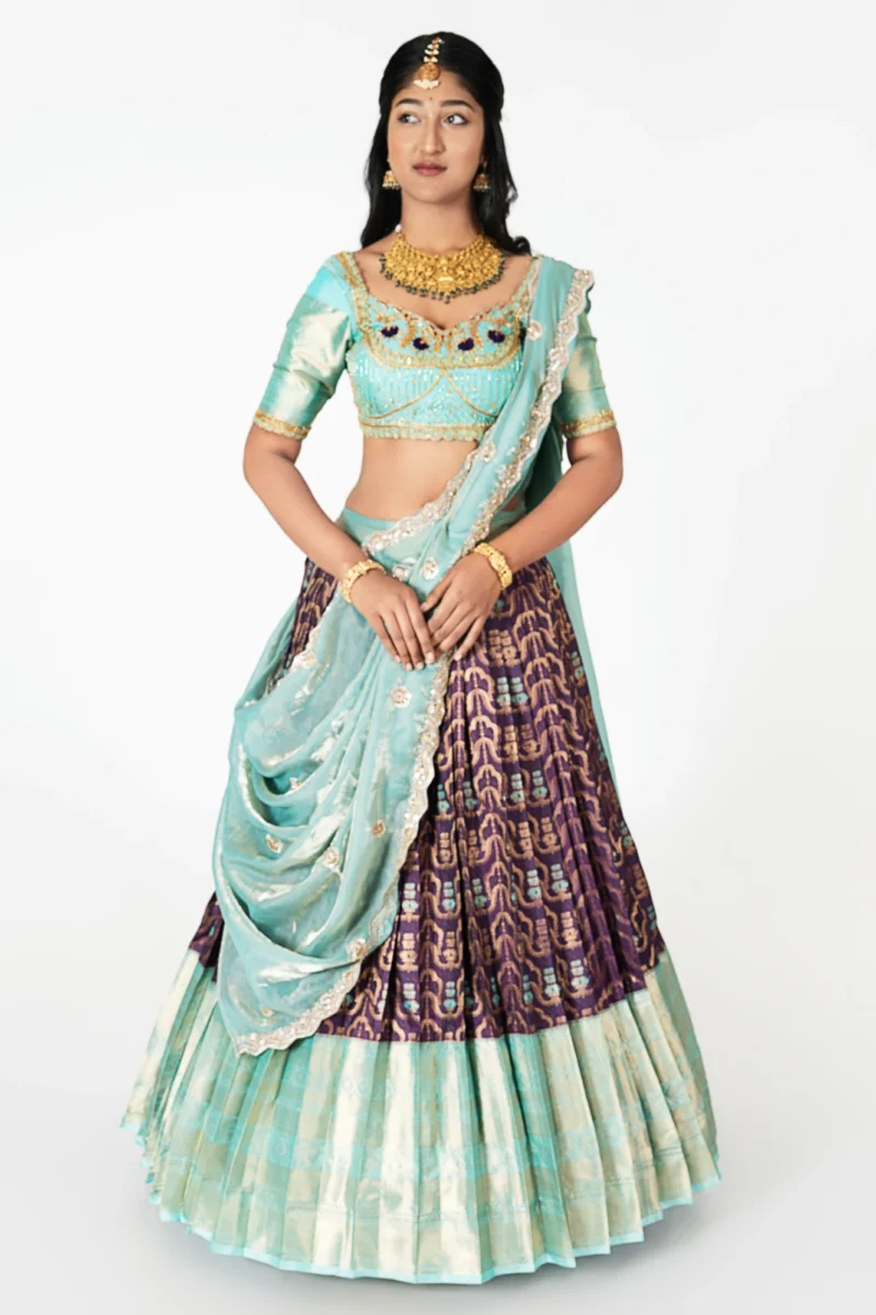 Purple With Pastel Green Half Saree