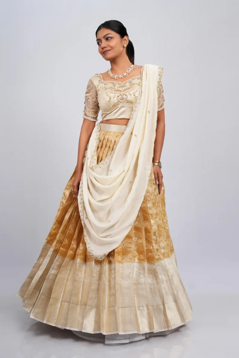 gold and beige half saree