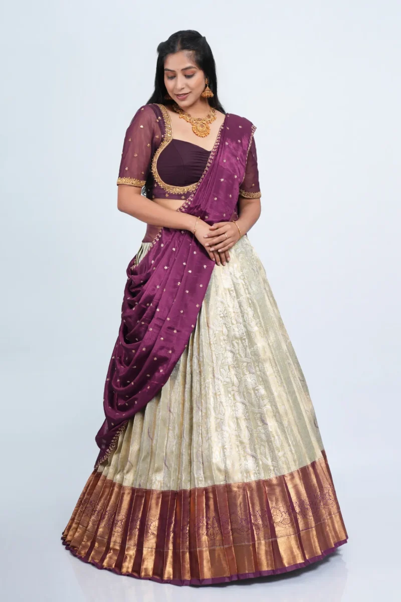 Cream And Wine Half Saree