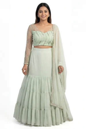 Mint Green Beaded Tiered Set – Long-Sleeve Mesh Bodice & Tiered Georgette Skirt
