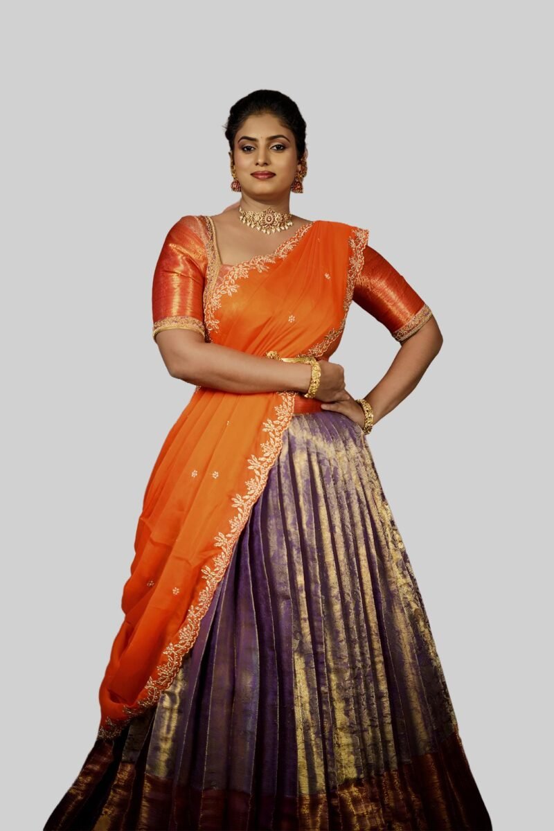 Blue And Golden Orange Half Saree - HS004